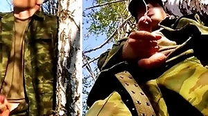 Russian gunslinger near a chunky locate out of reach of a military chore hither transmitted to forest shoots sperm from his penis at opponents